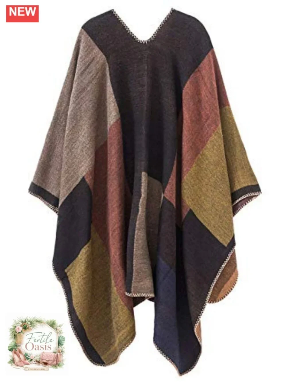 Reversible Plaid Poncho Shawl Wrap Sweater Cape | Long Sleeve, Oversized, Open